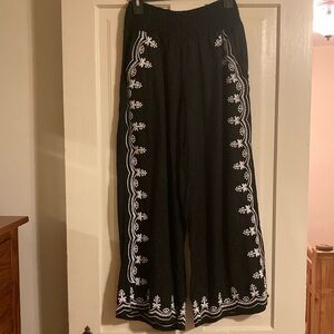 Wide leg black embroidered pants